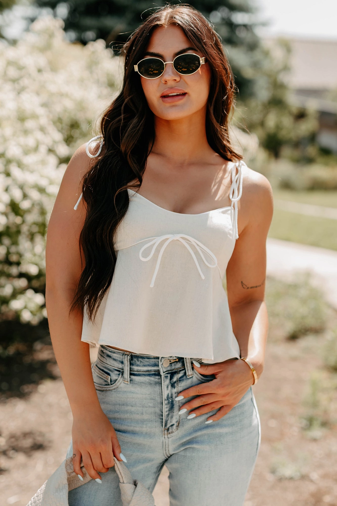 Ribbed Hem Finish QuickDry Textile The Air I Breathe Linen Shoulder Tie Tank Top (Natural)