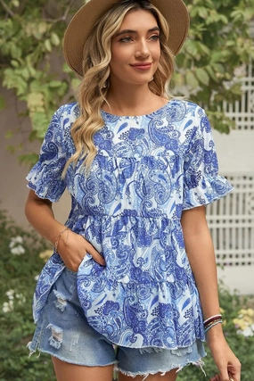 PATTERNED LOUND NECK CAKE CHIFFON TOP Summer Polo Chic Style