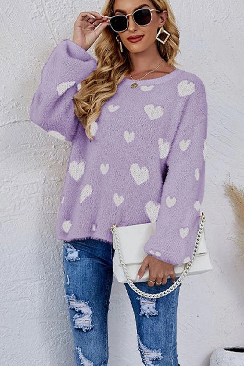 WOMEN OVERSIZED HEART PRINTING CUTE KNIT SWEATER EcoCertified Textile Anti Pilling