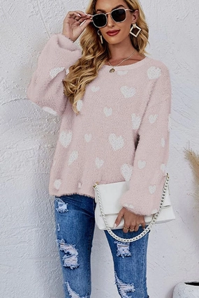 WOMEN OVERSIZED HEART PRINTING CUTE KNIT SWEATER Relaxed Look