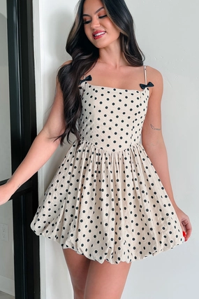 Connect The Dots Bubbled Polka Dot Mini Dress (Natural) Wedding-Guest