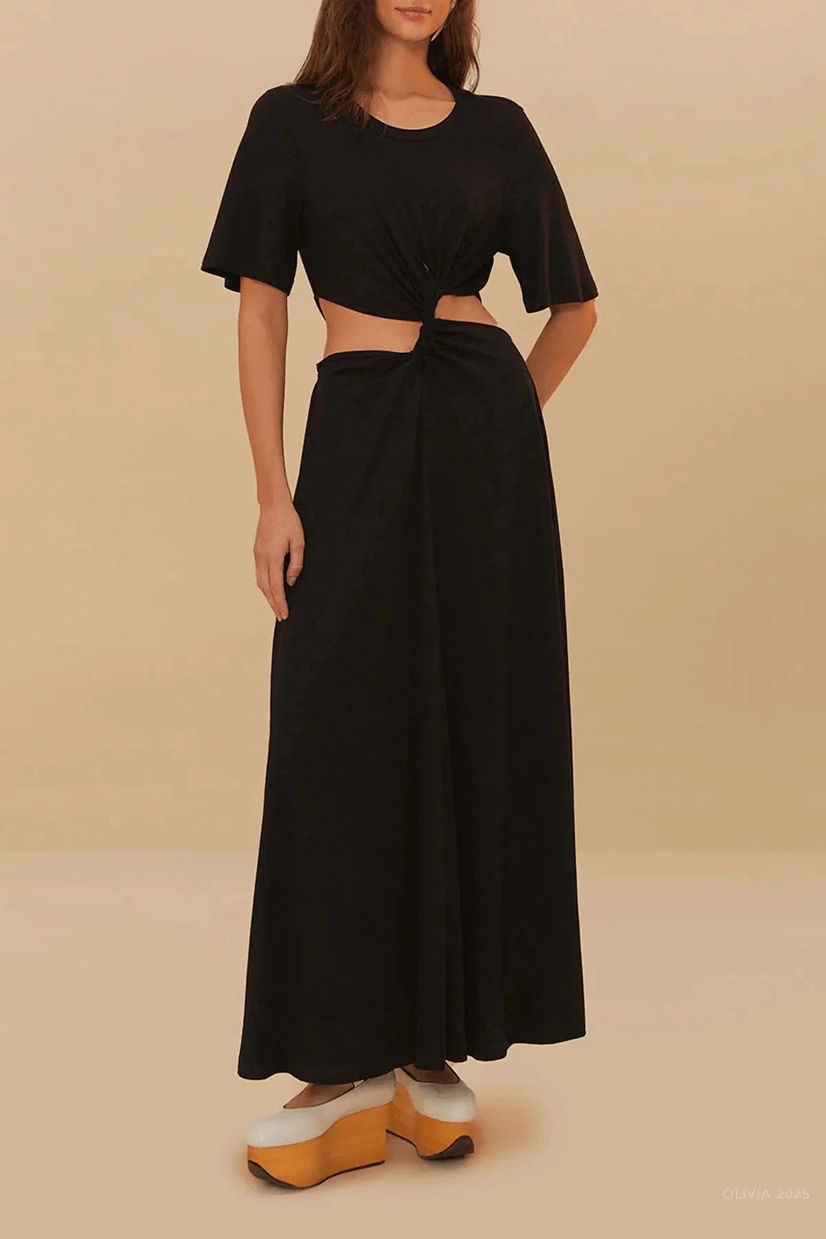 Black Midi Dress Short Sleeve Linen-Blend All Day Ready