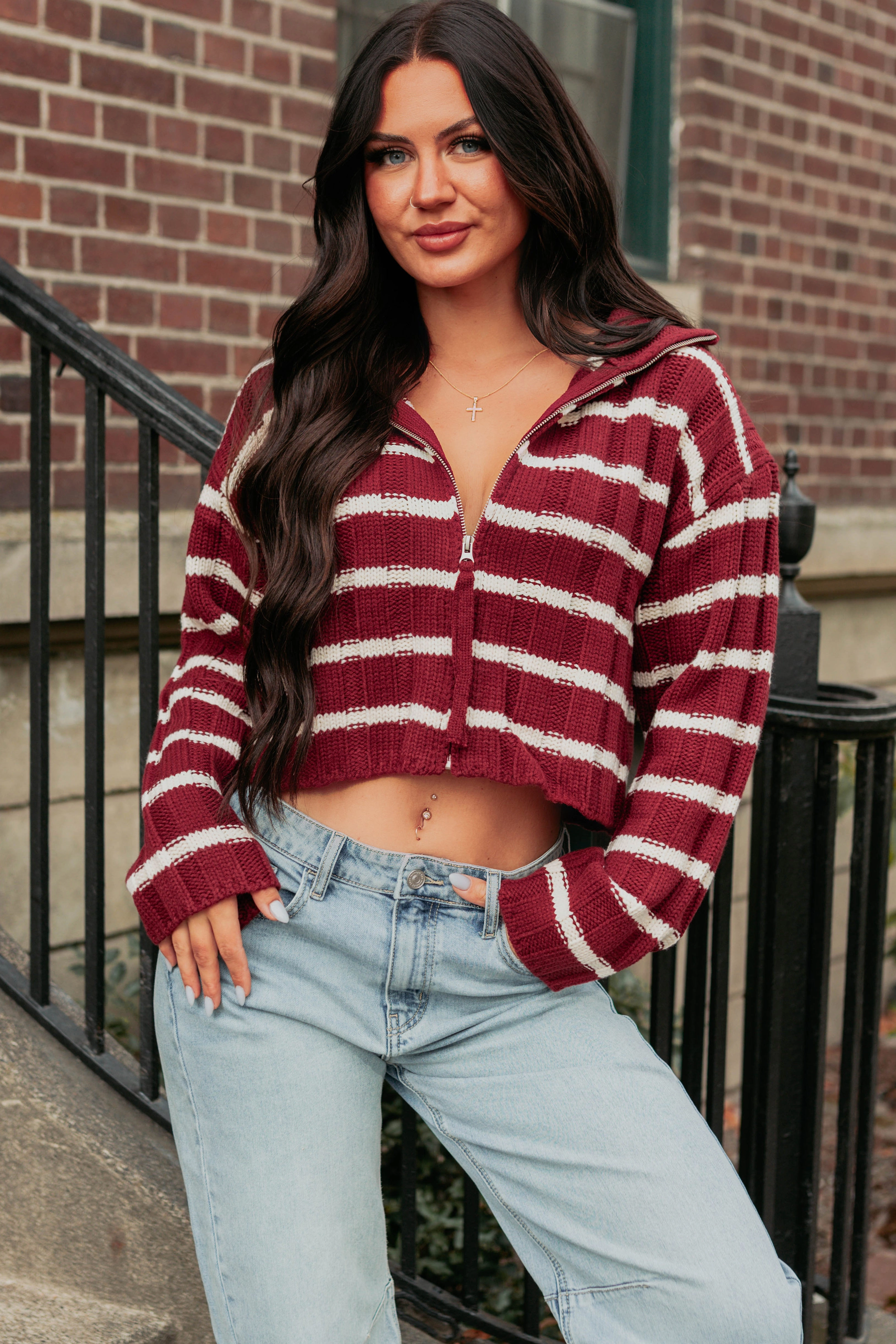 Calm Assurance Striped Zip-Up Sweater Jacket (Wine) Stretch Knit Material Microfiber texture