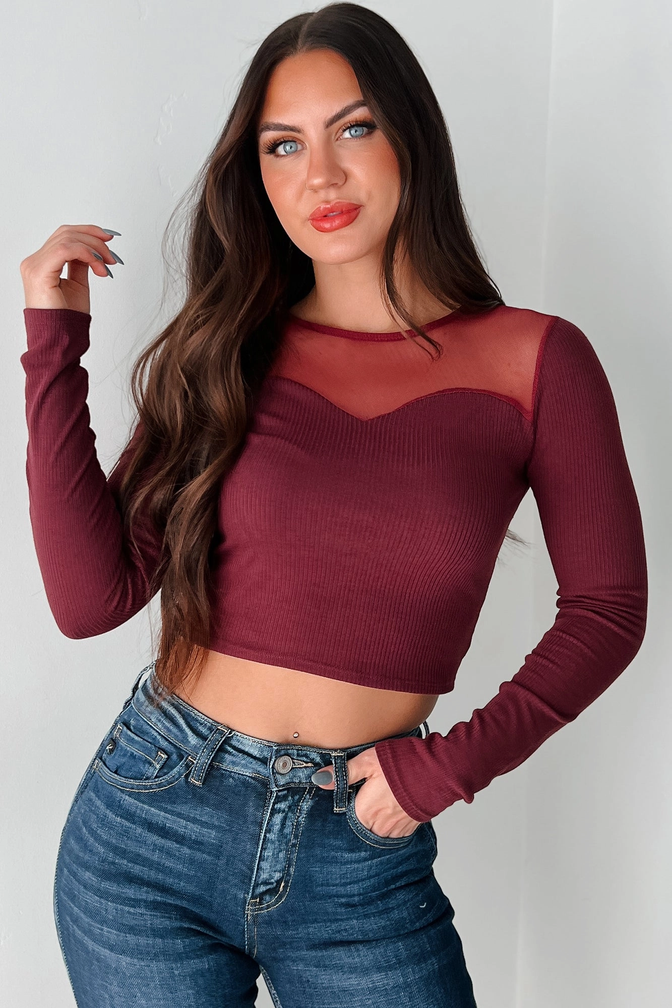 DOORBUSTER How Fitting Mesh Contrast Long Sleeve Top (Wine) Denim Shirt