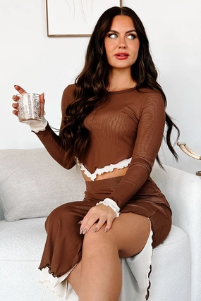 Unconditional Love Layered Lettuce Hem Top (Brown) Flatlock Seam Technology Temperature Control Fabric