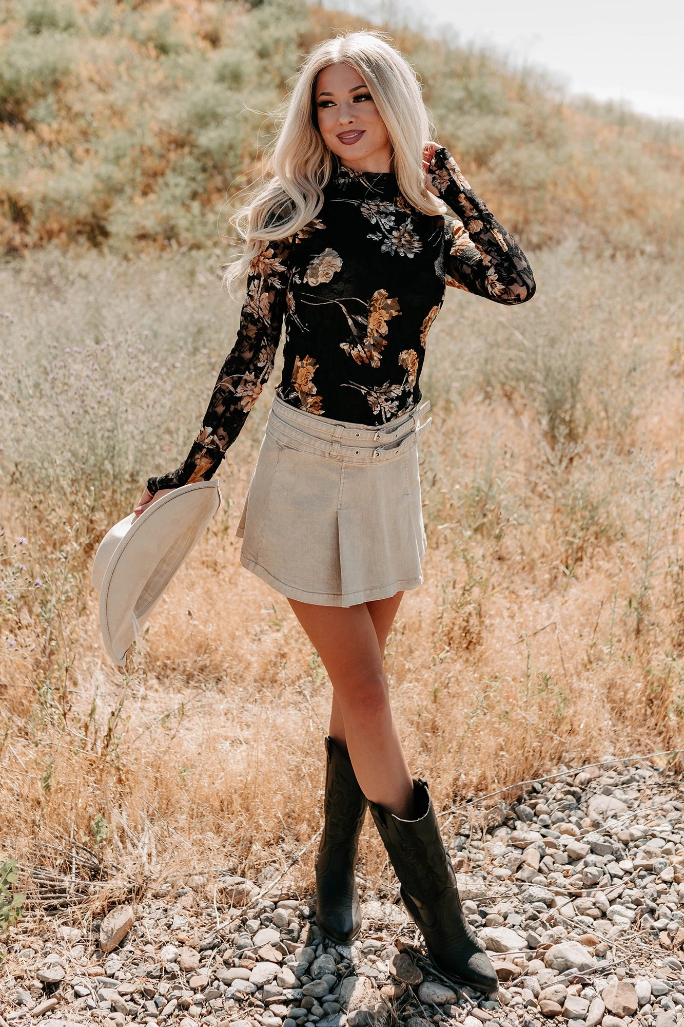 Cool, Calm & Collected Belted Denim Mini Skirt (Khaki) Simple Fashion