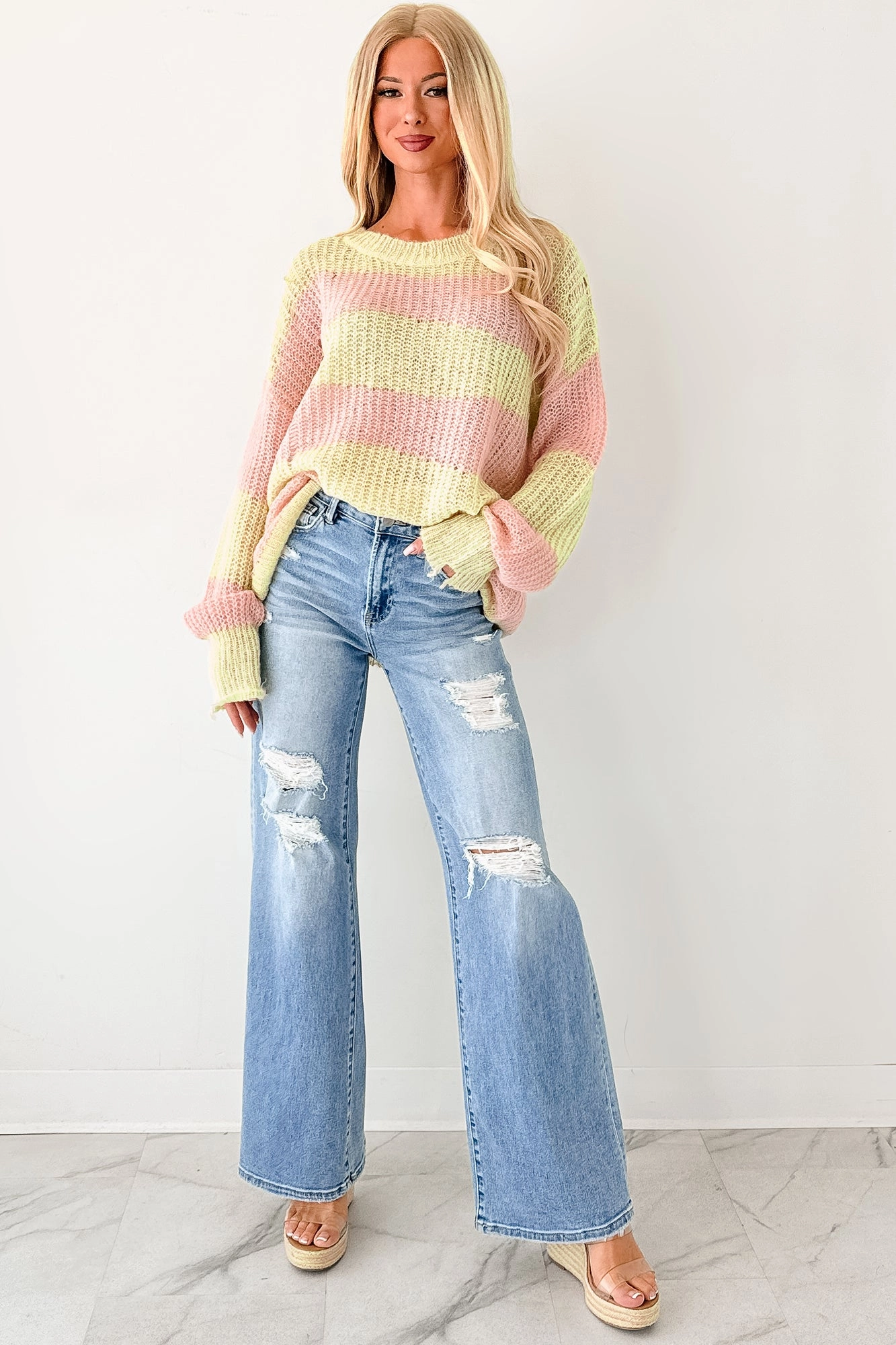 Stretchable Fit Slim Waist Desirae High Rise Wide Leg Risen Jeans (Light)