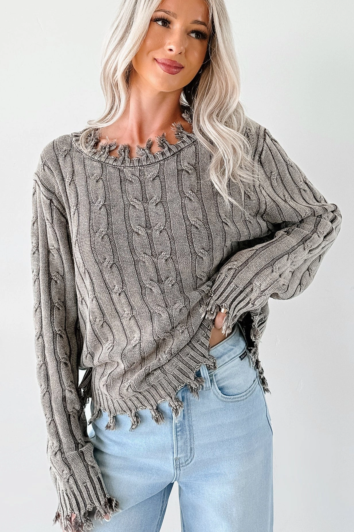 Ribbed Hemline Flowy Tunic Unwritten Future Cable Knit Fringe Zenana Sweater (Brown)