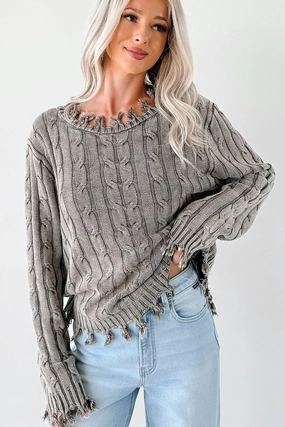 Ribbed Hemline Flowy Tunic Unwritten Future Cable Knit Fringe Zenana Sweater (Brown)