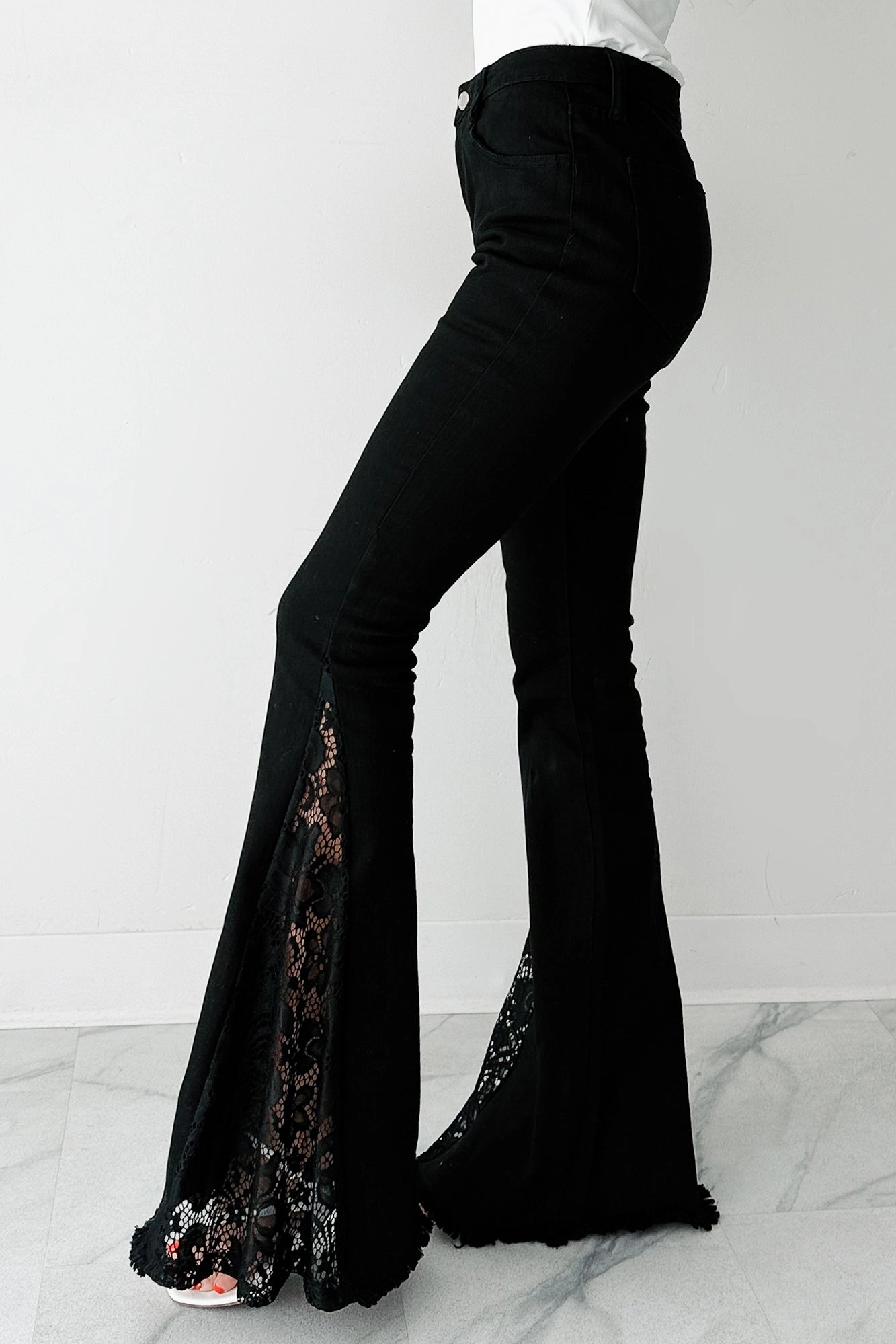 Chic Vibe Coraline Saint & Hearts Lace Flare Jeans (Black)
