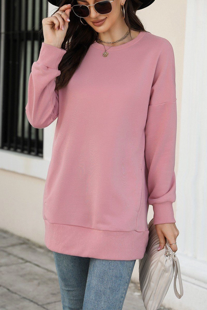 Silicone Grip Interior HighStretch WOMEN CREW NECK LONG LENGTH PULLOVER TOP
