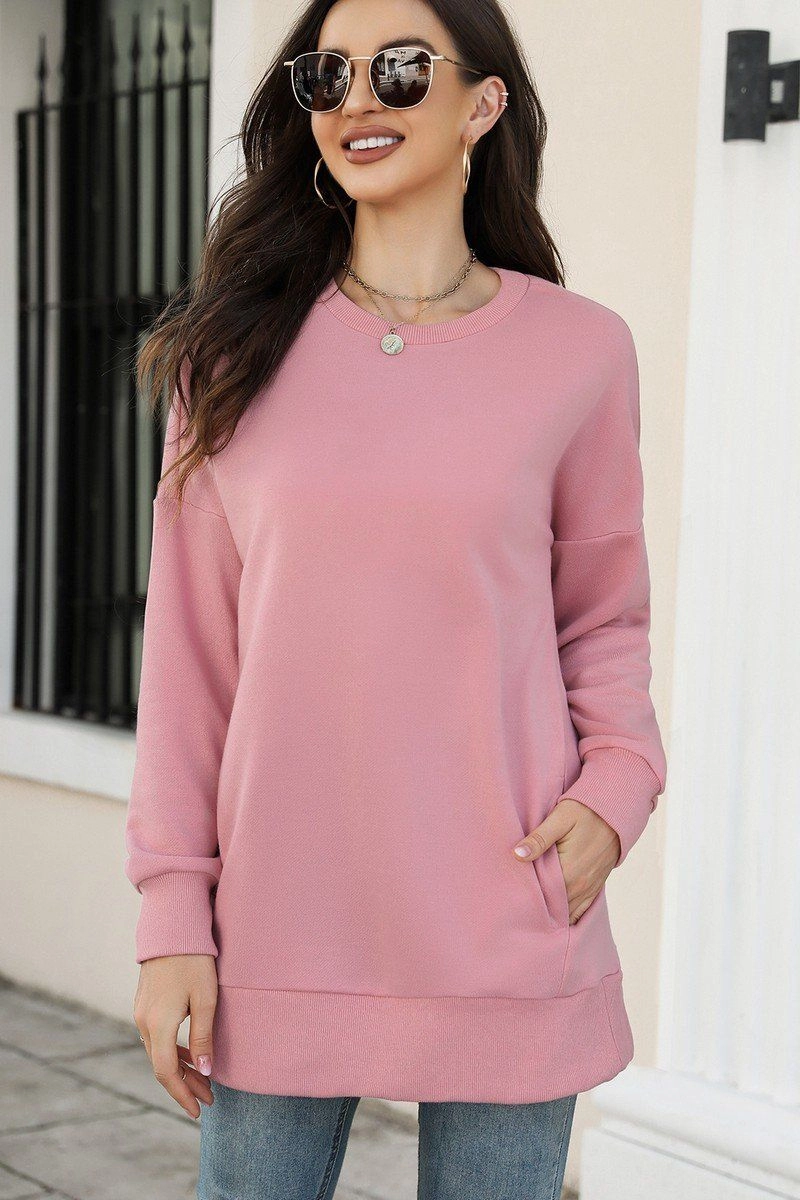 WOMEN CREW NECK LONG LENGTH PULLOVER TOP SoftTouchFinish
