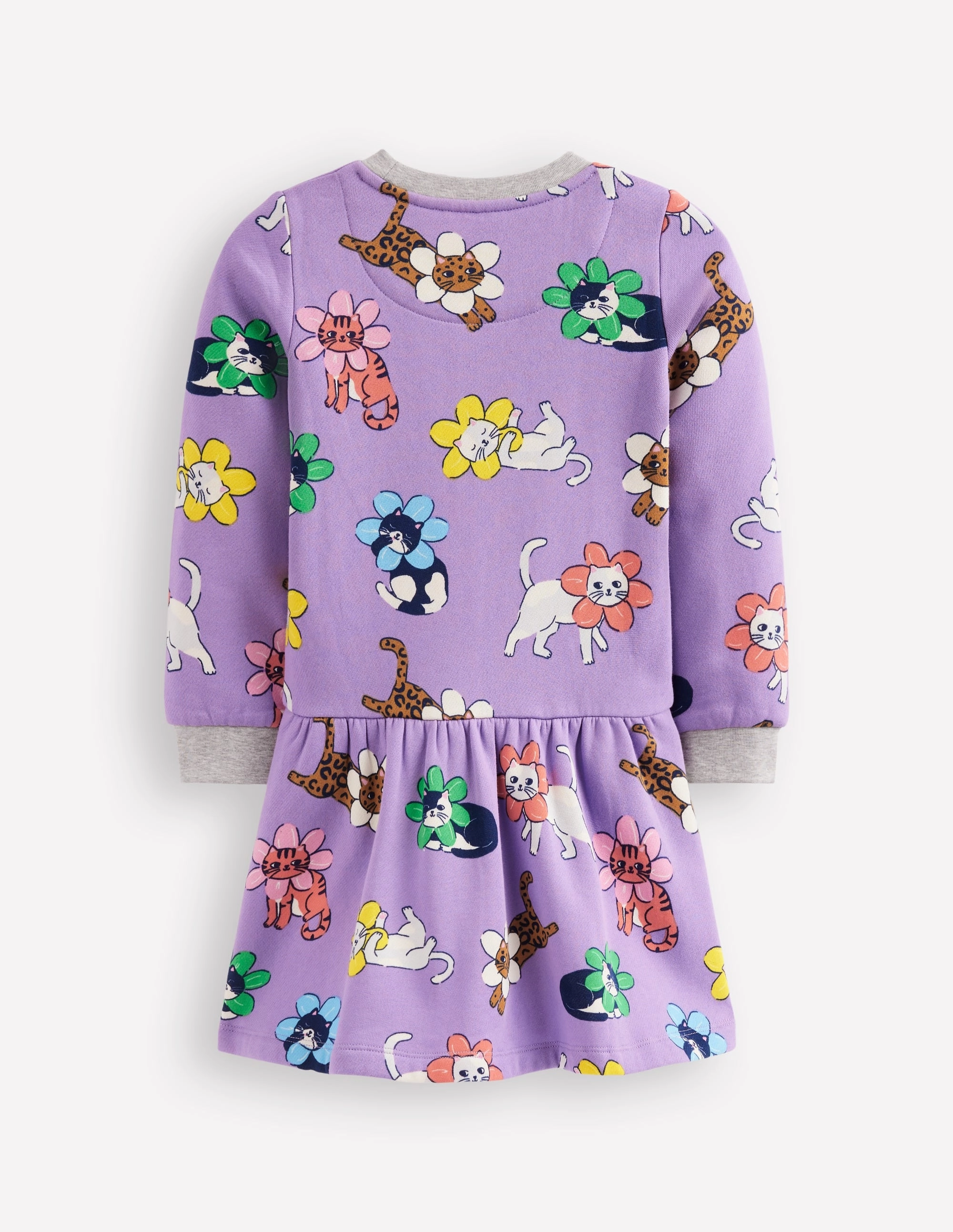 Autumn Ready Cosy Printed Sweatshirt Dress-Aster Purple Flower Cat