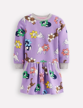 Silk Air Cosy Printed Sweatshirt Dress-Aster Purple Flower Cat