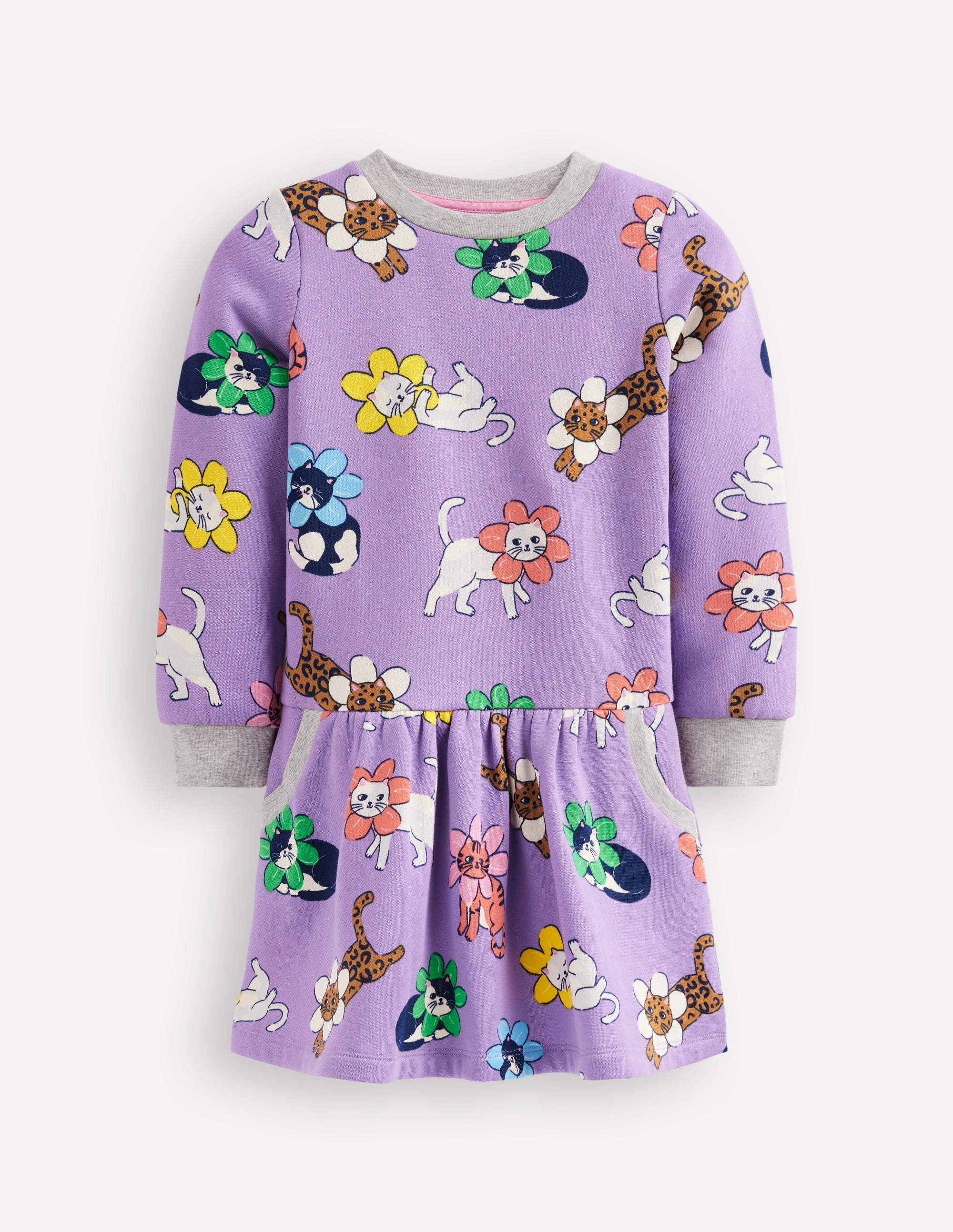 Silk Air Cosy Printed Sweatshirt Dress-Aster Purple Flower Cat