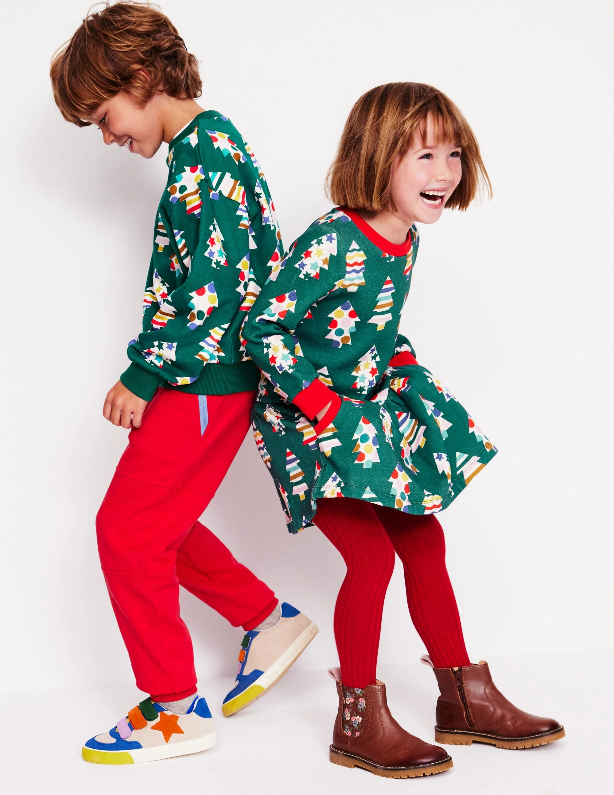 Cosy Printed Sweatshirt Dress-Jewel Green Christmas Trees Classic Comfort