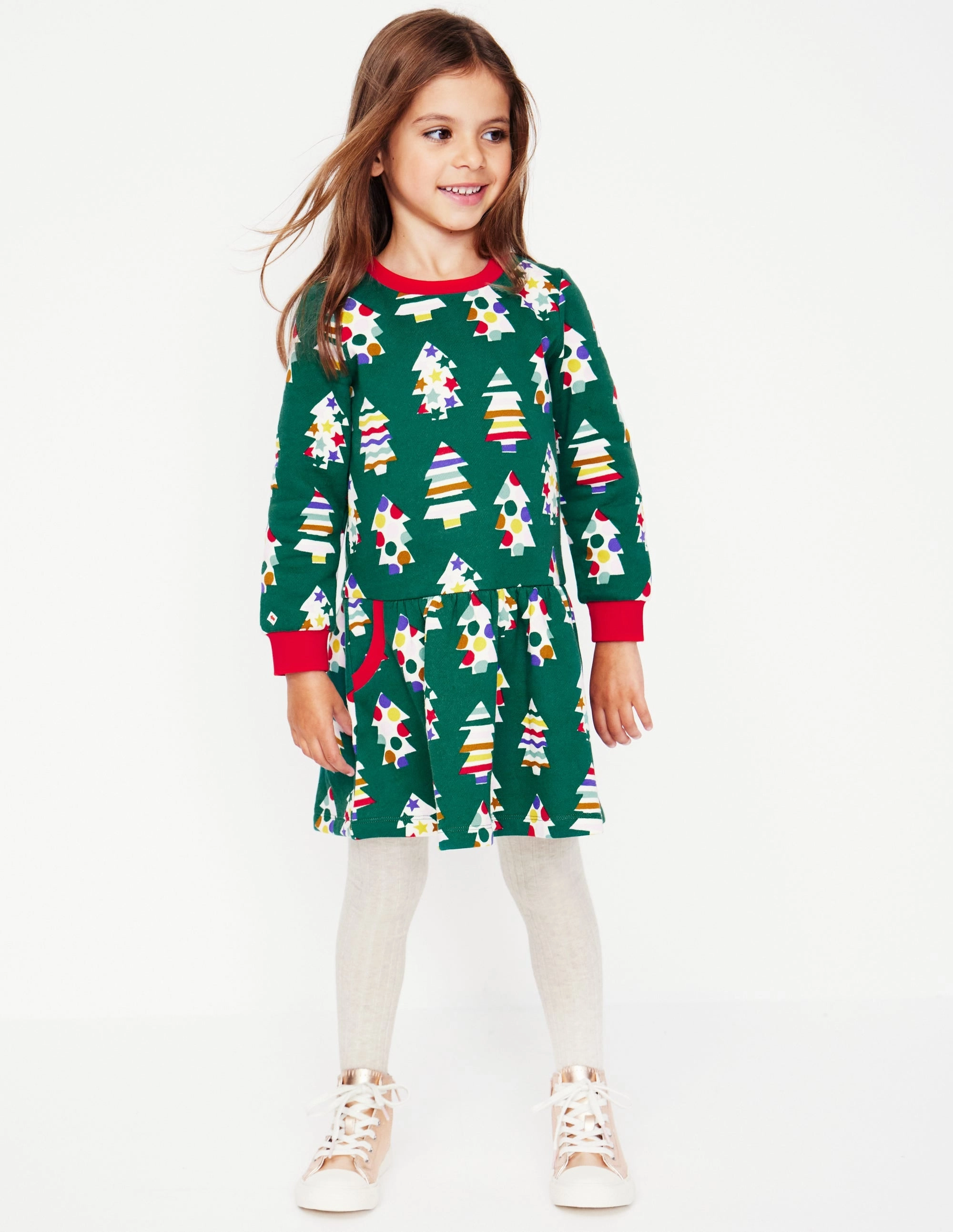 Fall Comfort Date Nightwear Cosy Printed Sweatshirt Dress-Jewel Green Christmas Trees