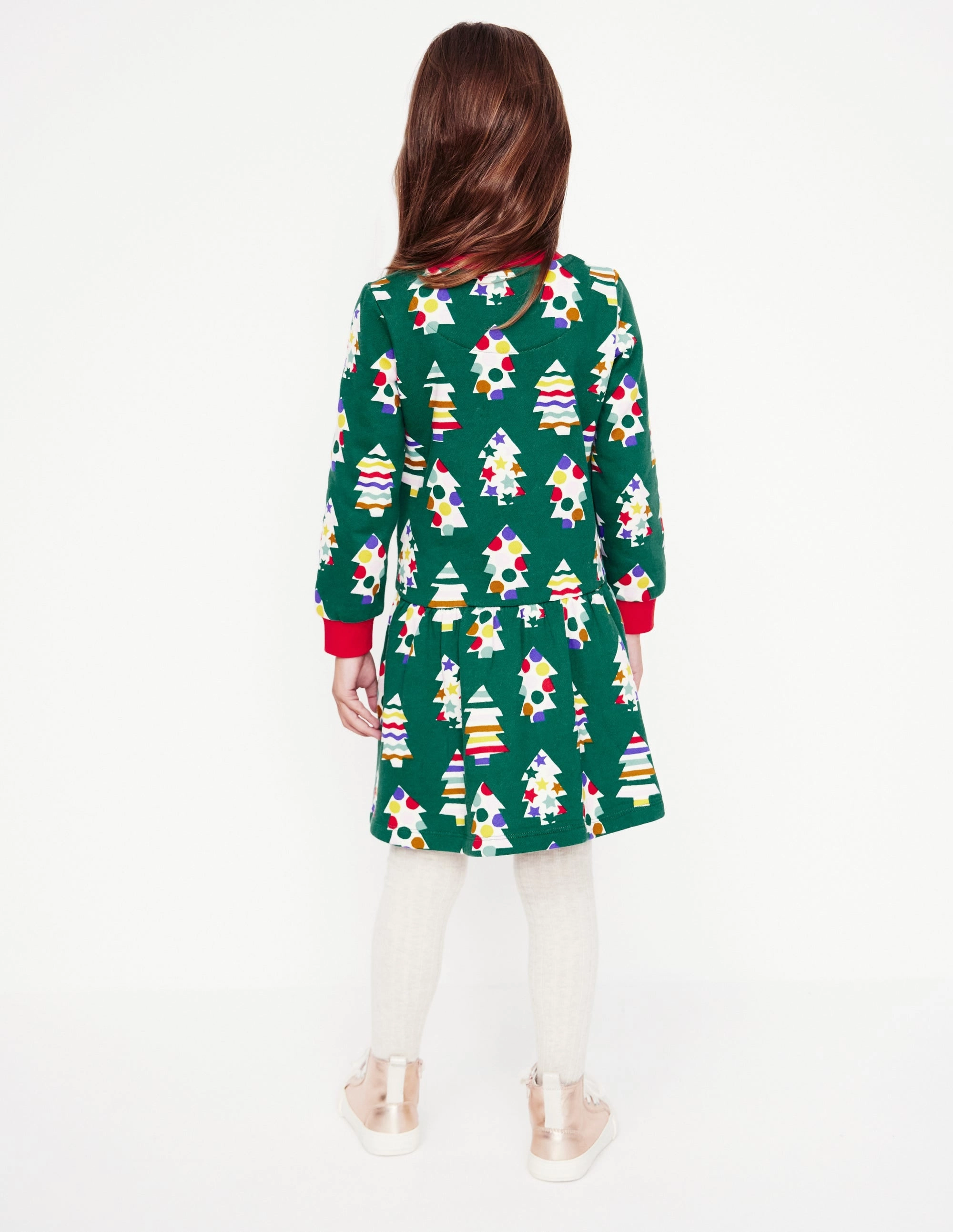 Cosy Printed Sweatshirt Dress-Jewel Green Christmas Trees Retro Vibes