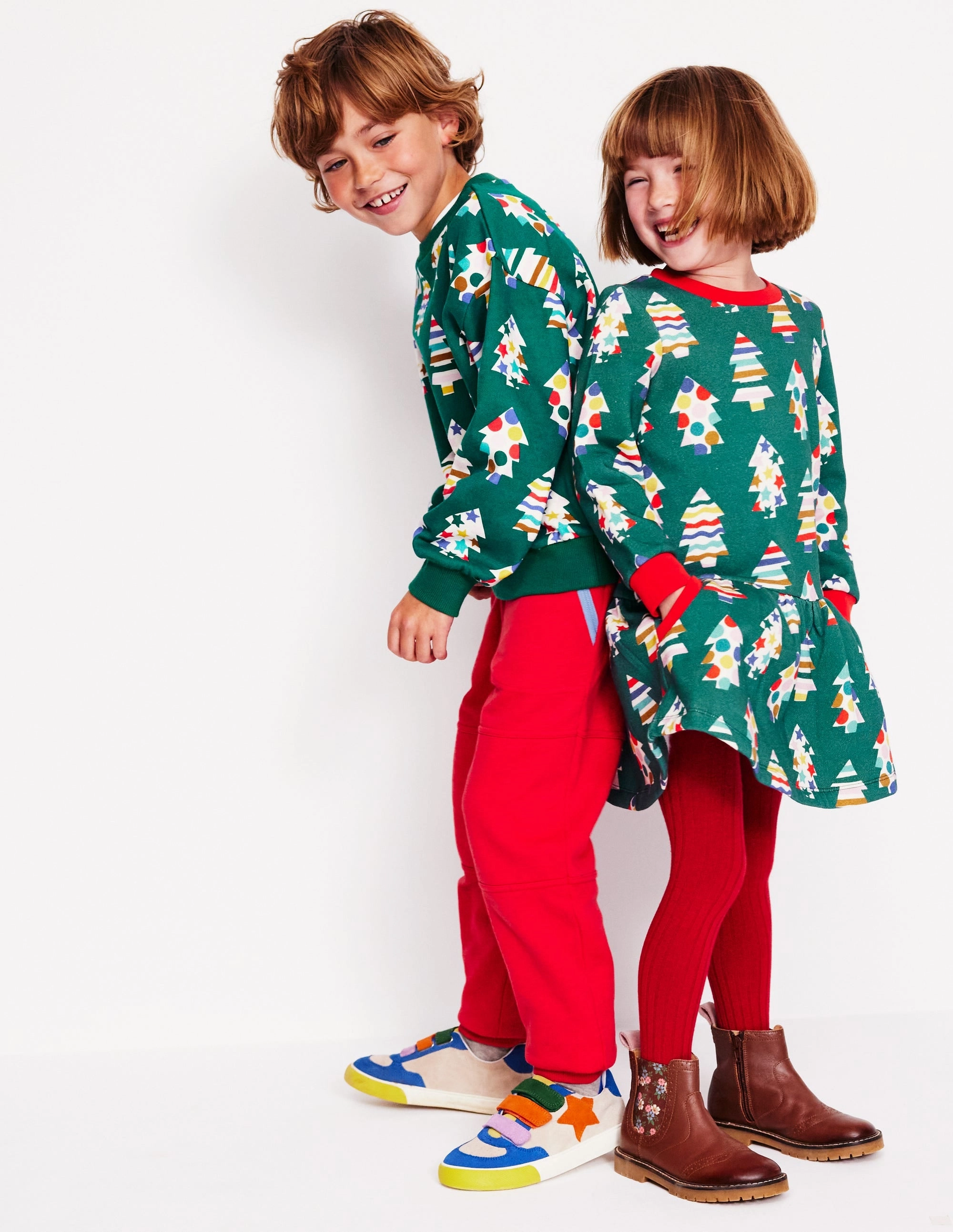 Cosy Printed Sweatshirt Dress-Jewel Green Christmas Trees Balloon-Sleeve