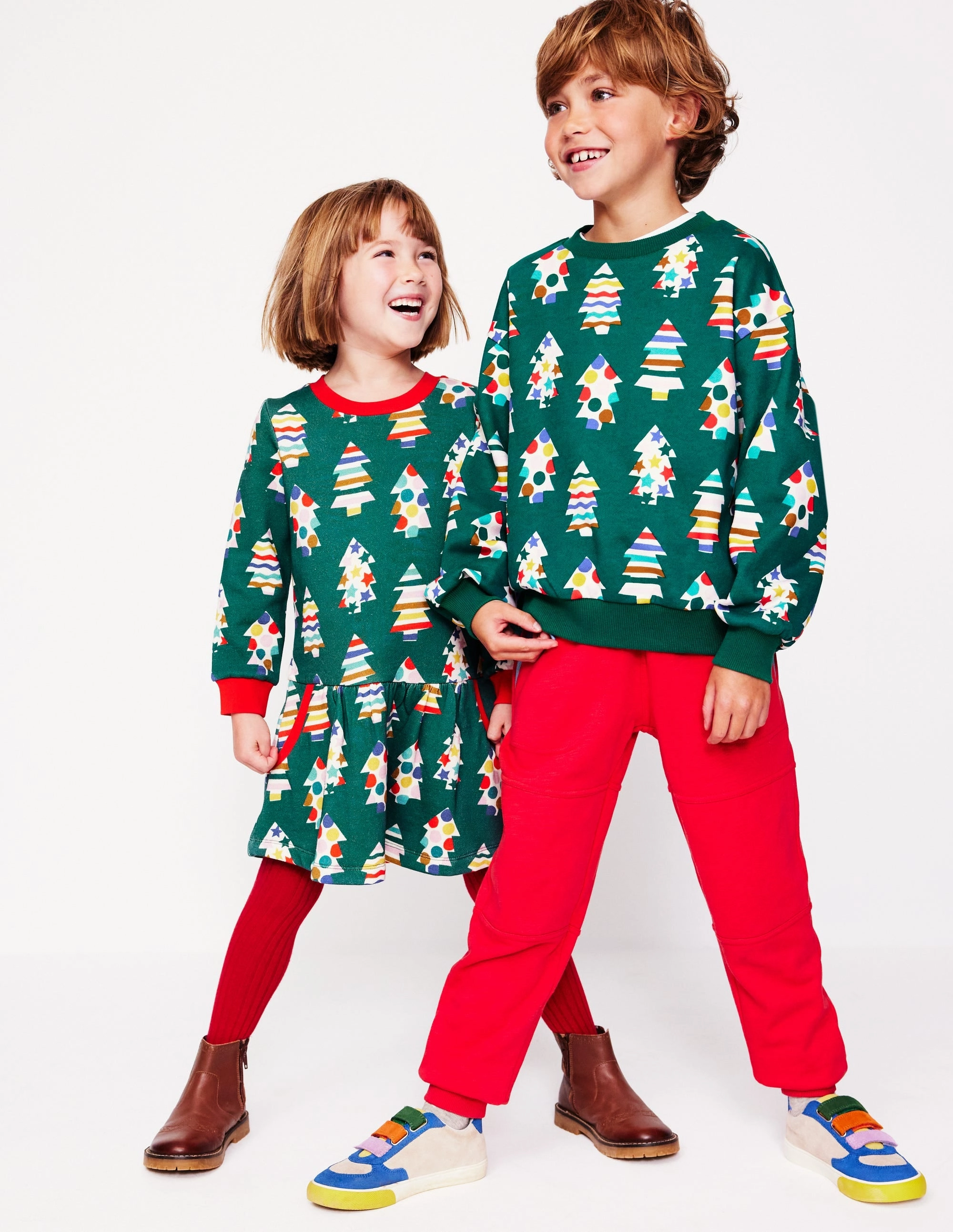 Date Ready Cosy Printed Sweatshirt Dress-Jewel Green Christmas Trees