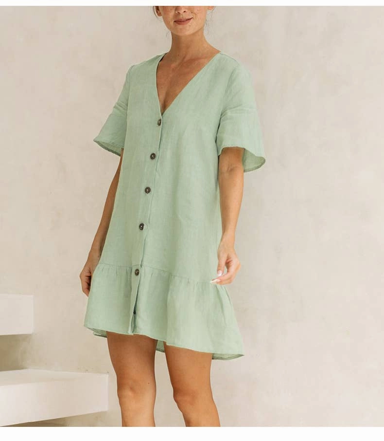 Short Sleeve Day Outfit COTTON AND LINEN V-NECK SINGLE-BREASTED DRESS_CWDSD4144