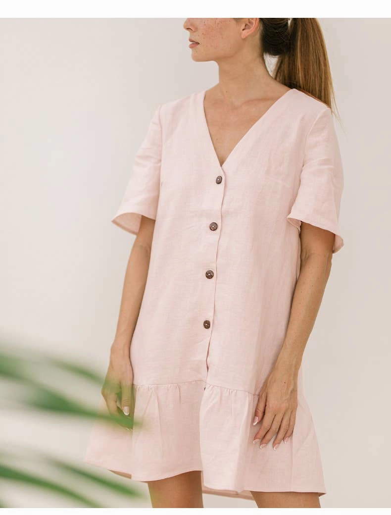 COTTON AND LINEN V-NECK SINGLE-BREASTED DRESS_CWDSD4144 Sculpted Fit