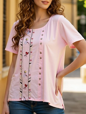 COTTON BREATHABLE LOOSE EMBROIDERED TOP_CWTBLS0658 Loose Tee Quick Dry Fabric
