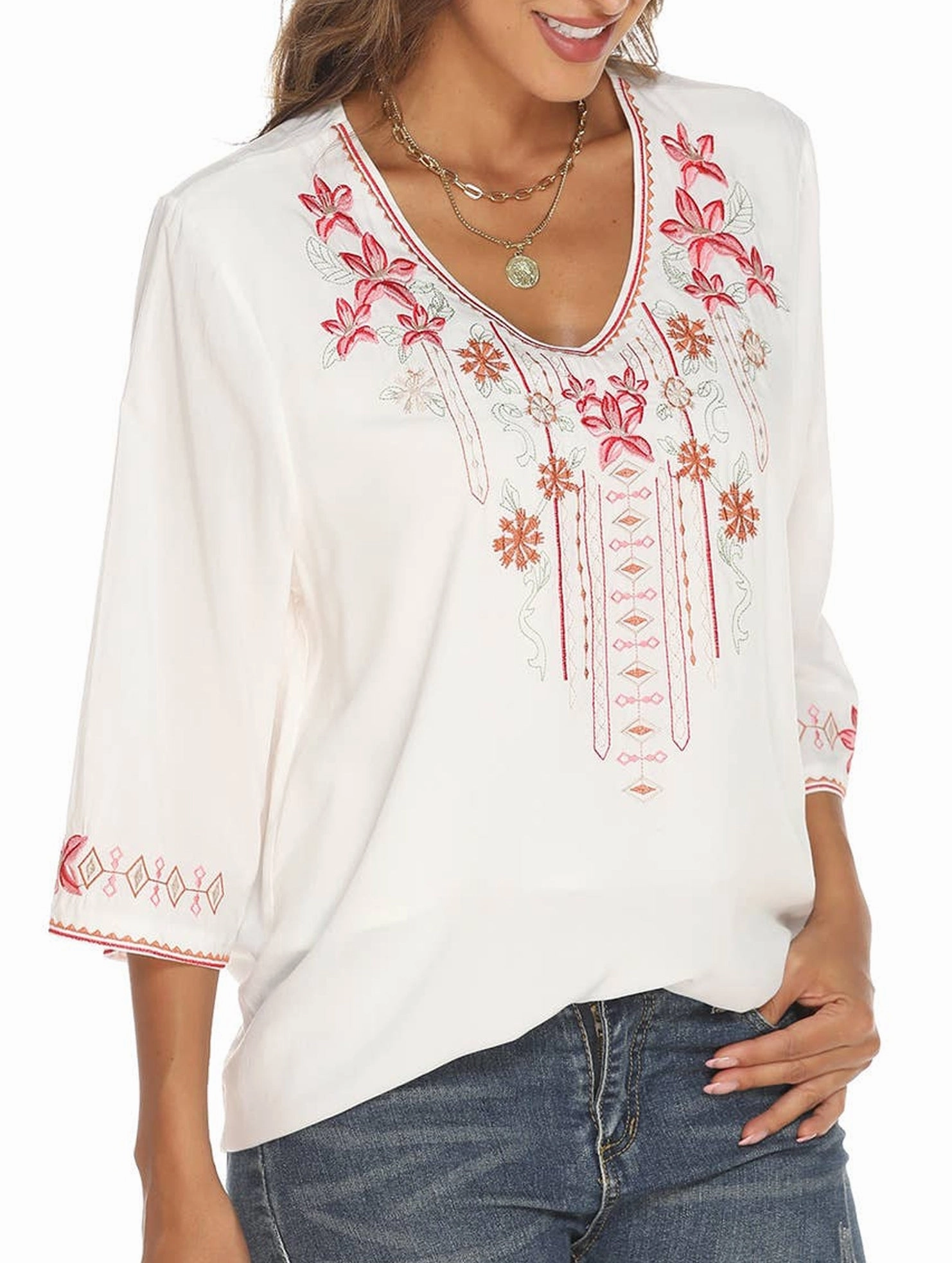 NonChafeCollarTech COTTON EMBROIDERED FLORAL BLOUSE_CWTBLL0837