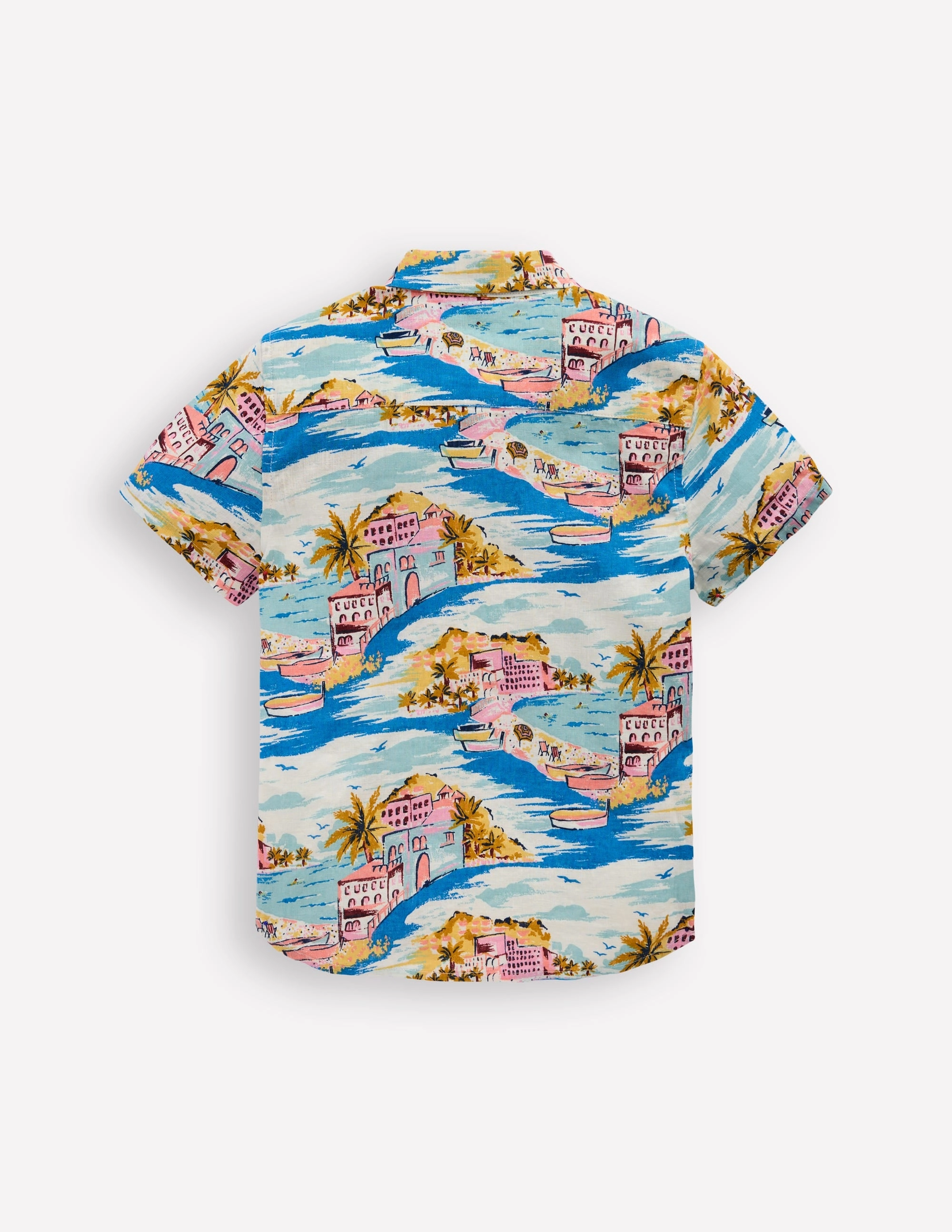 Cotton Linen Shirt-Multi Coastal Scene DroppedShoulder