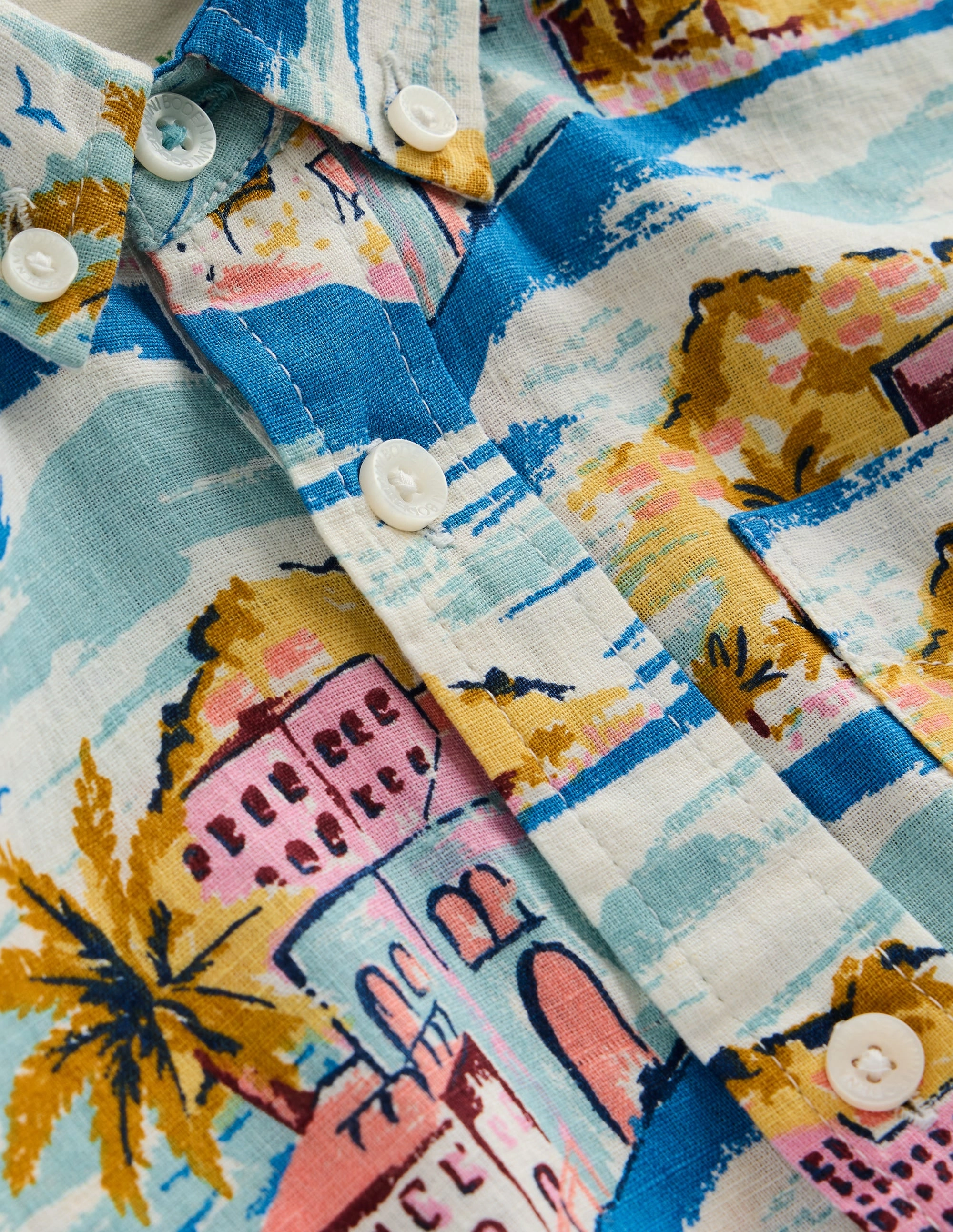 Shrinkage Prevention Treatment Vintage Shirt Cotton Linen Shirt-Multi Coastal Scene