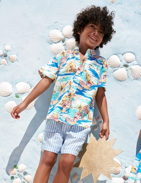 Cotton Linen Shirt-Multi Coastal Scene Button Down Collar Moisture Wicking Technology