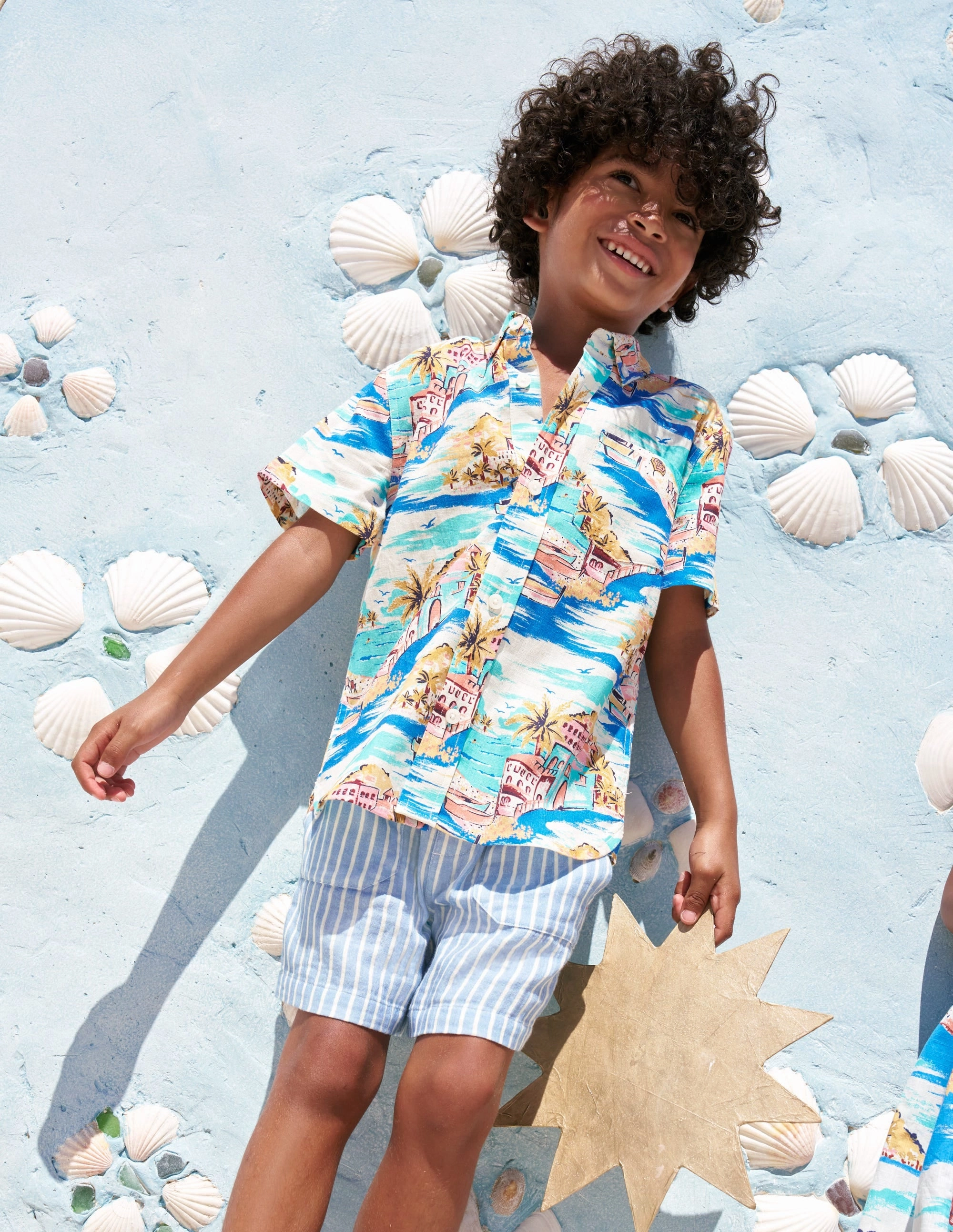 Cotton Linen Shirt-Multi Coastal Scene Button Down Collar Moisture Wicking Technology