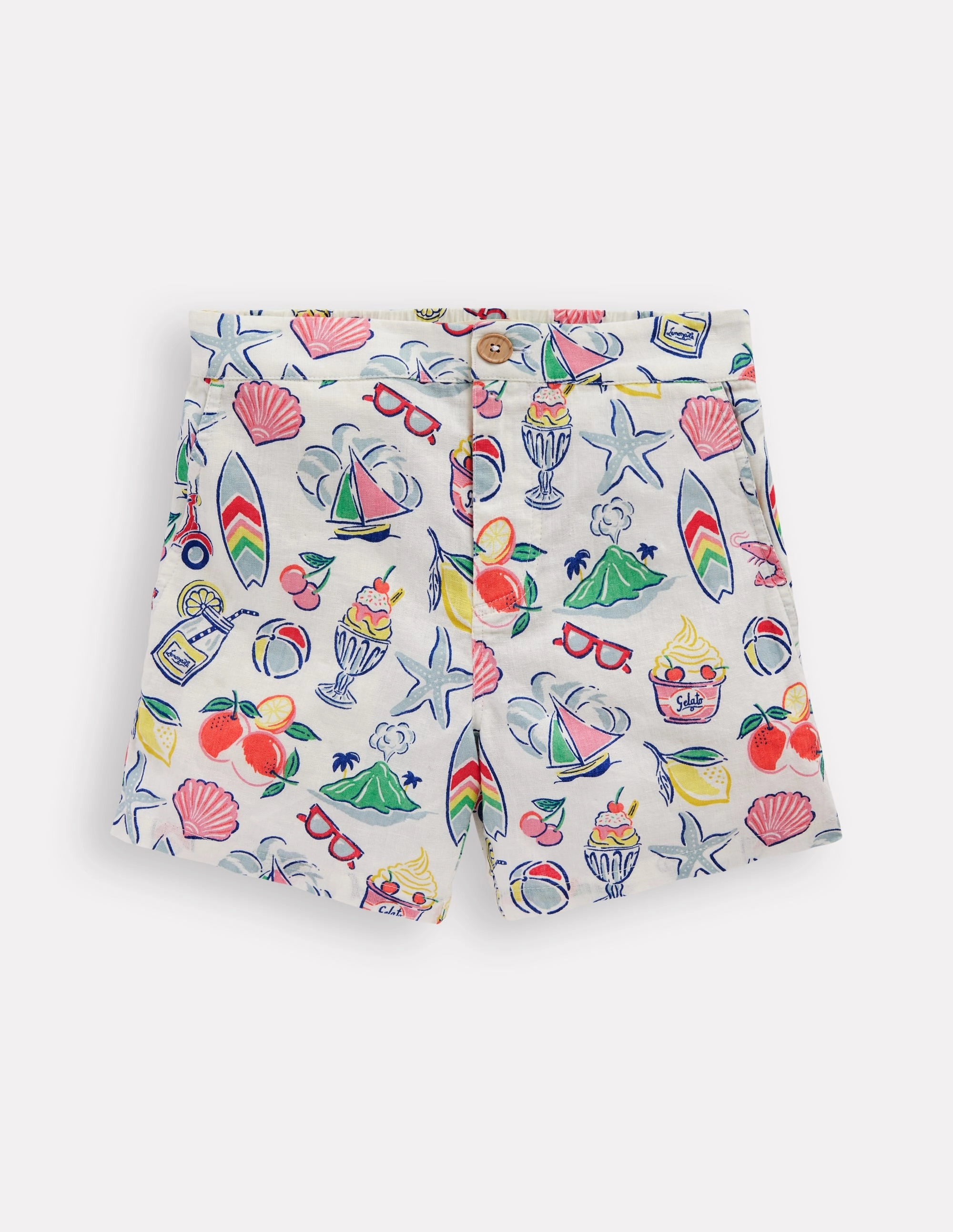 Cotton Linen Shorts-Ivory Holiday Print Outdoor Relax Quick Movement