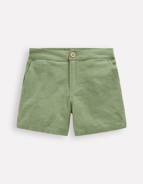 Cotton Linen Shorts-Newt Green Basketball shorts multiple pockets