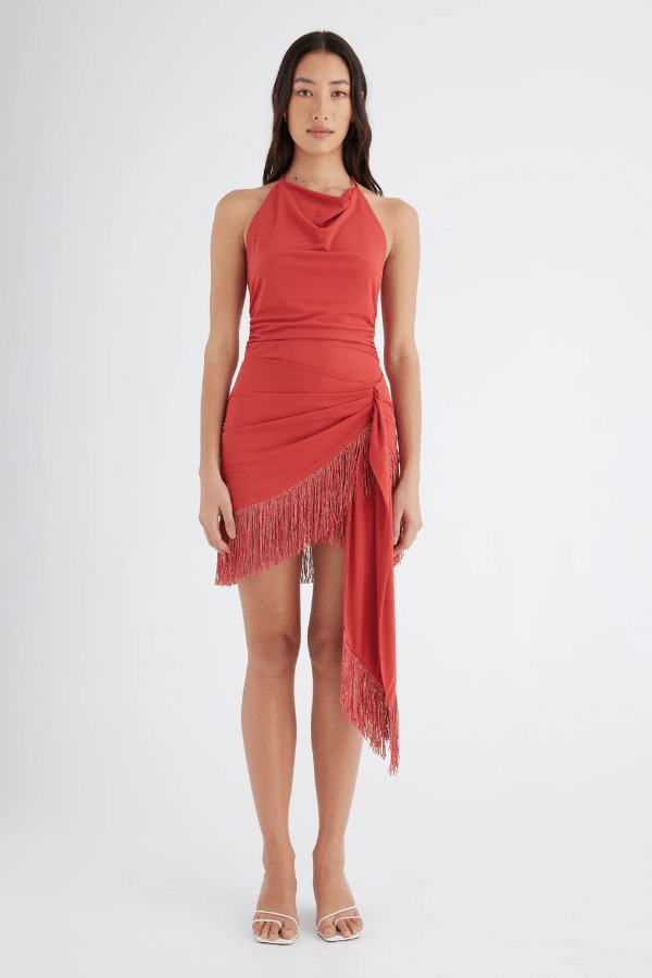 Cozy Fit Carolina Fringe Halter Dress Hibiscus