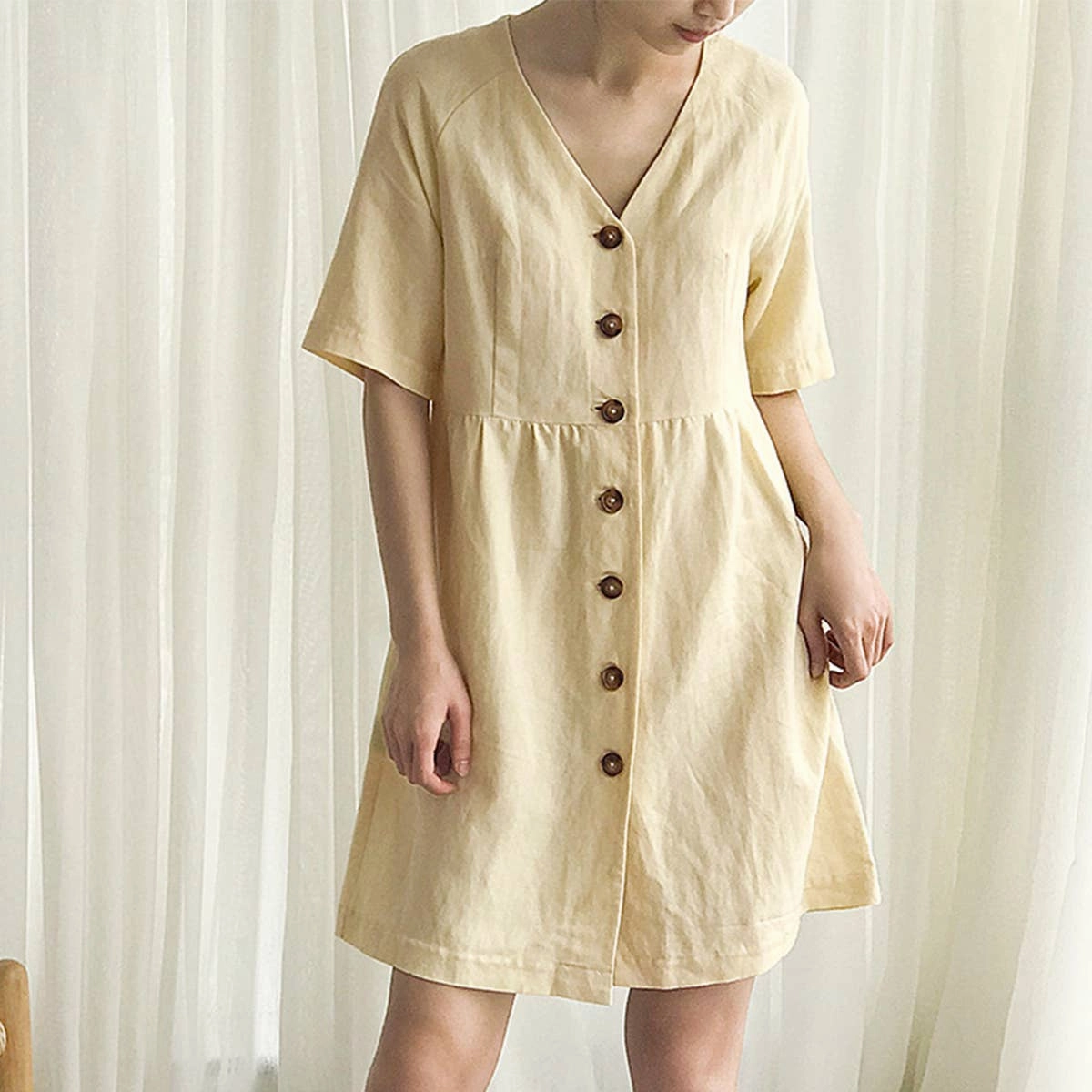 Easy Wrap COTTON WAIST SLIMMING HEMP FRENCH DRESS_CWDSD4069