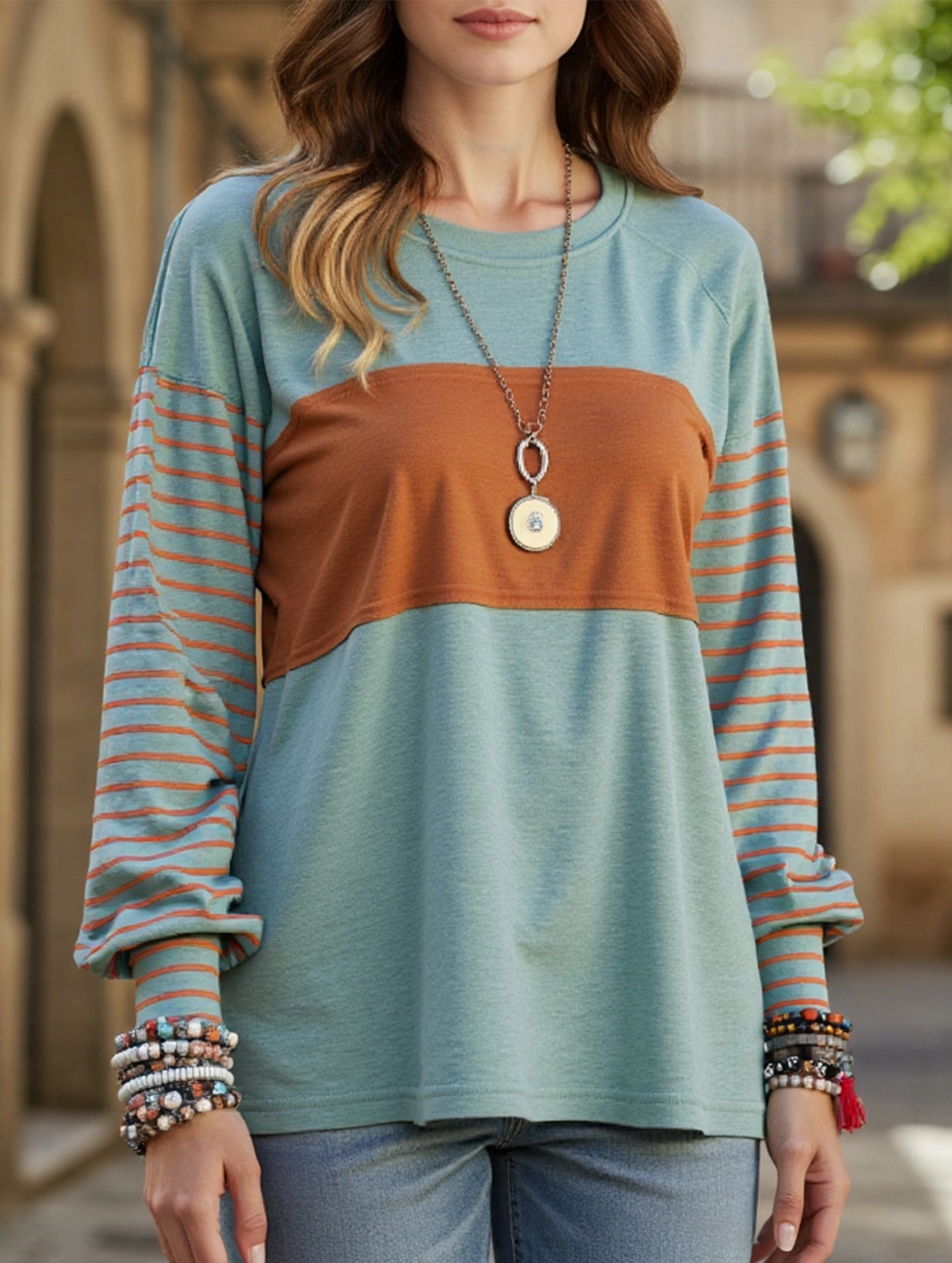 Countrycore Striped Contrast Long Sleeved T-Shirt Sheer Overlay Material