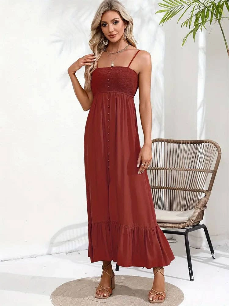 Modern Fit High Waist BUTTONS ADORN A SLIT HALTER DRESS_CWDMD1719