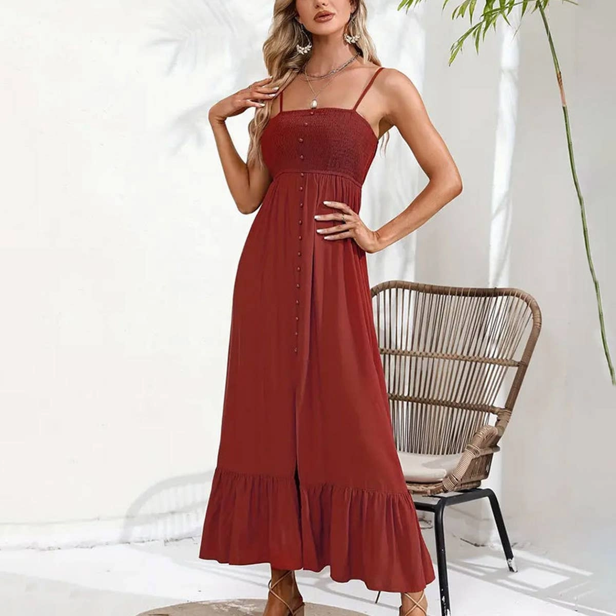 BUTTONS ADORN A SLIT HALTER DRESS_CWDMD1719 Functional Wear