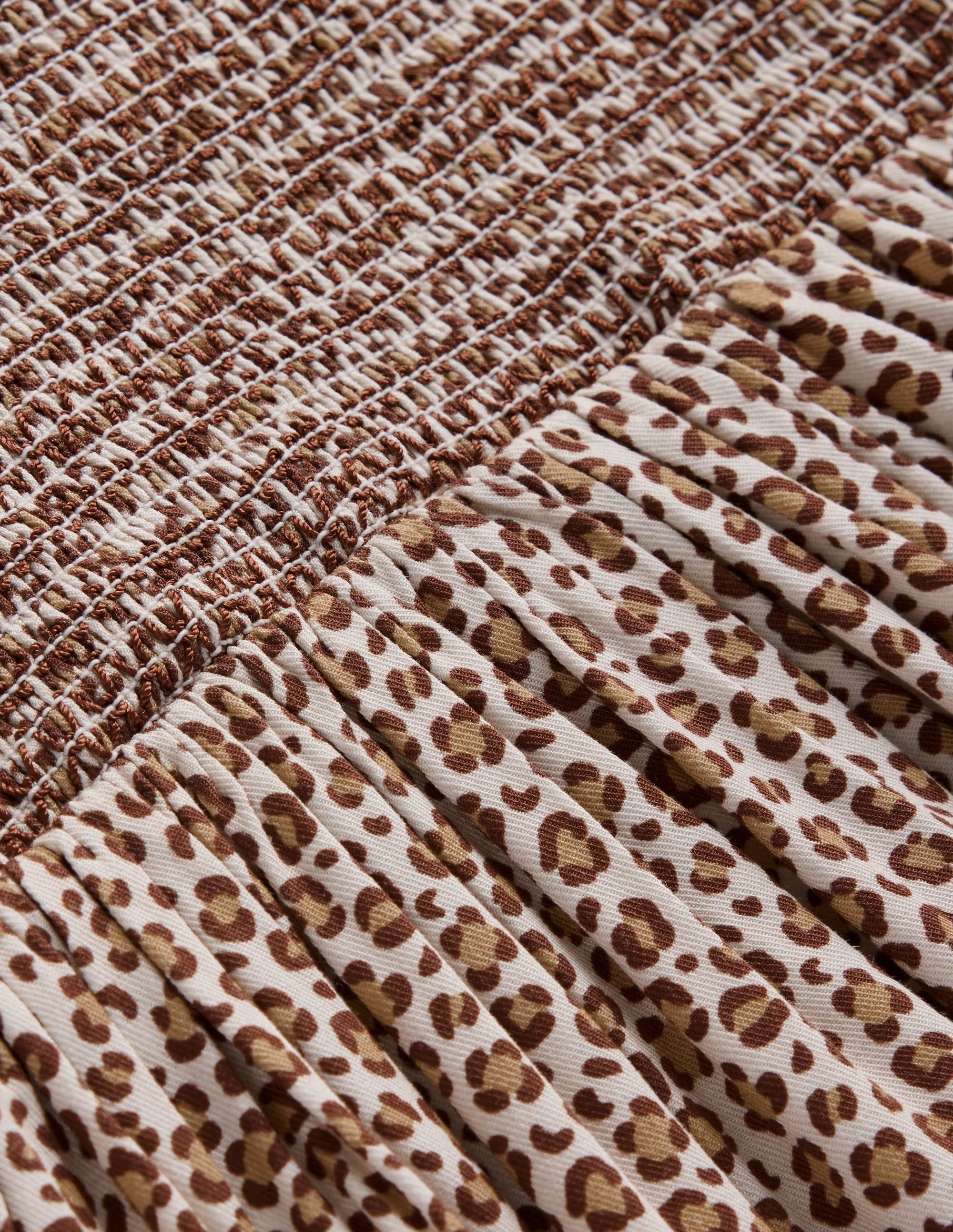 Shirred Bodice Woven Dress-Brown Leopard Print Functional-Design