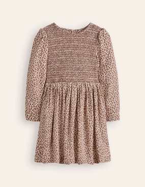 Wrap style Lightweight Layer Shirred Bodice Woven Dress-Brown Leopard Print