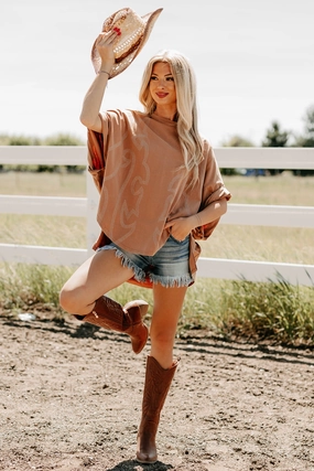 Cozy Club Oversized Embroidered Top (Washed Camel) Trendy Shirt