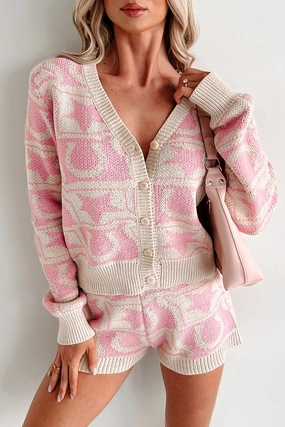 Multipurpose Layering Piece Cozy Sweatshirt Cozy Cowgirl Western Knit Cardigan Top (Cream/Pink)