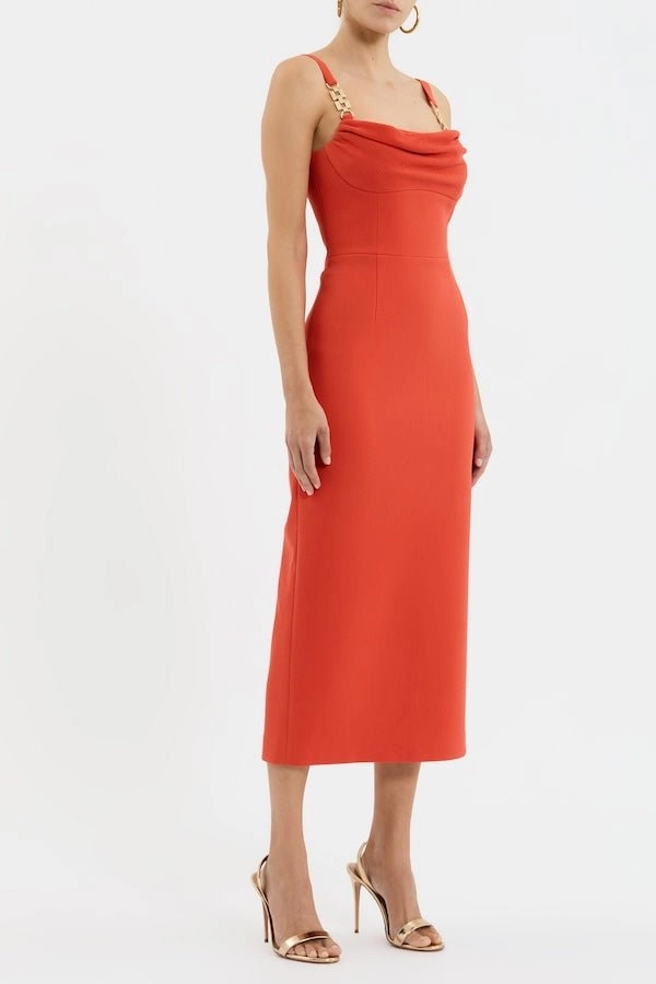 Empress Midi Dress Orange Jewel Accent Fall Style