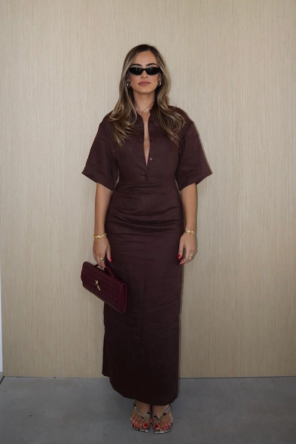 Polished Motion Modern-style Lefka Midi Dress Chocolate