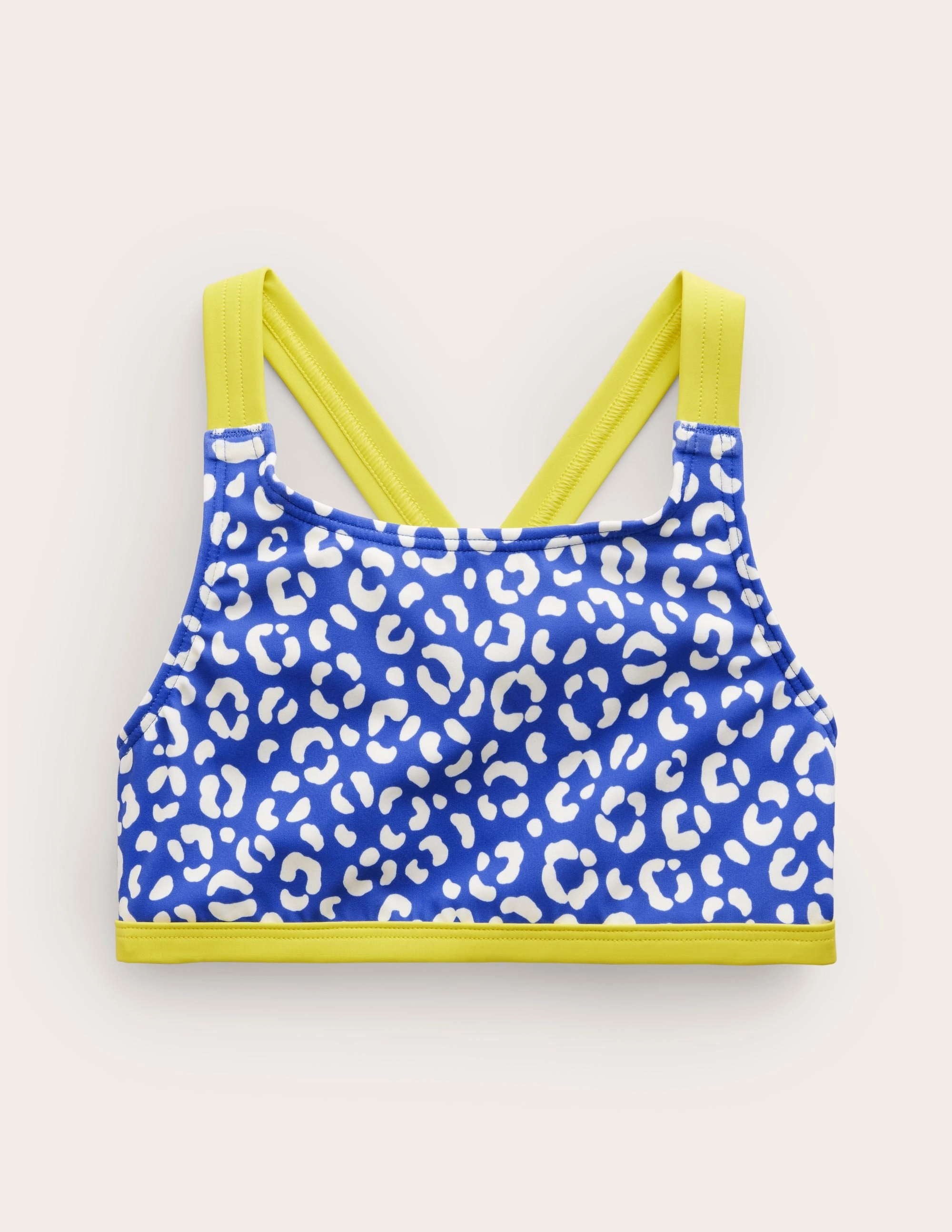 Cross Back Bikini Top-Blue Leopard Flat Lock Stitching