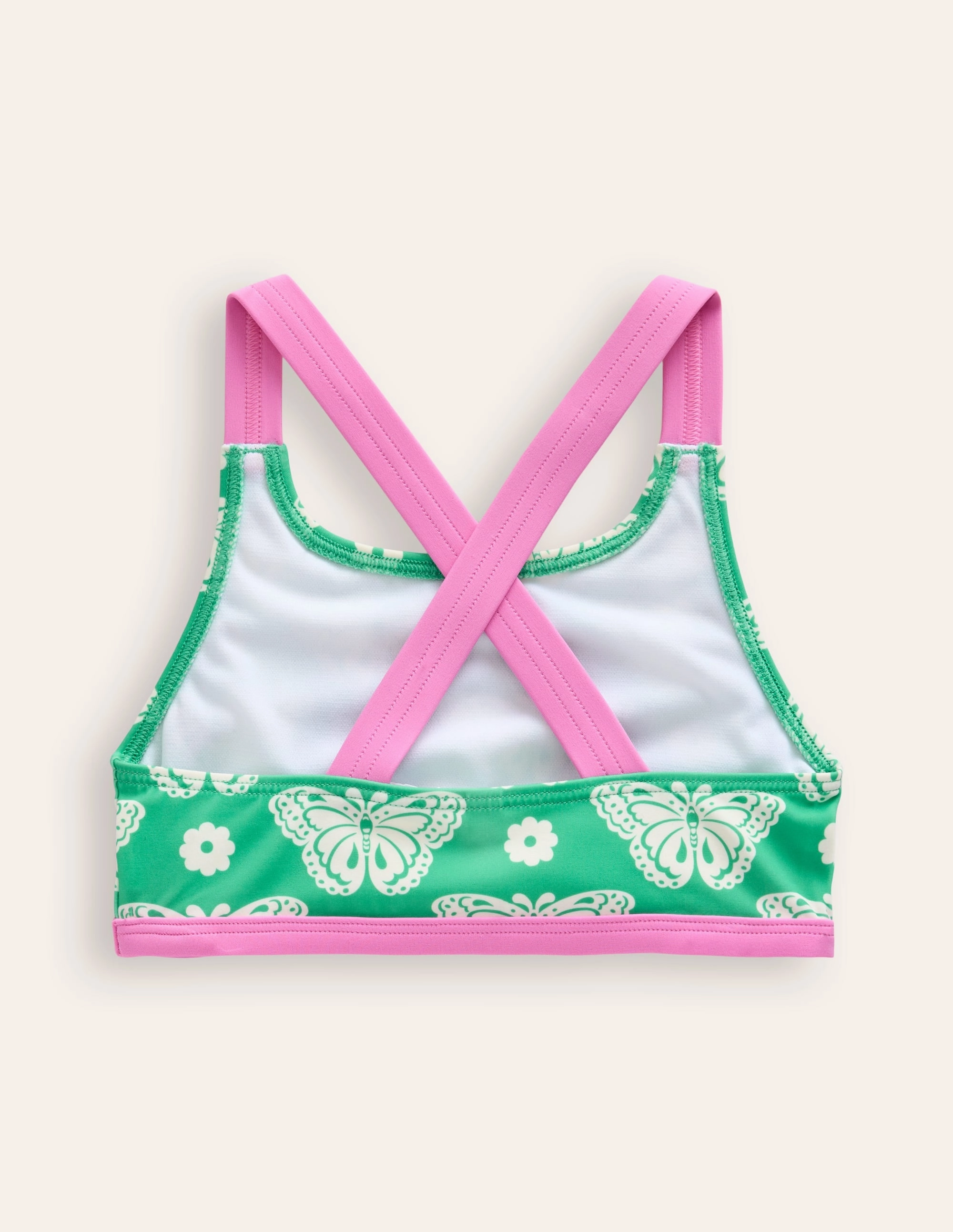 Dynamic Tension Control Cross Back Bikini Top-Pea Green Butterfly Stamp