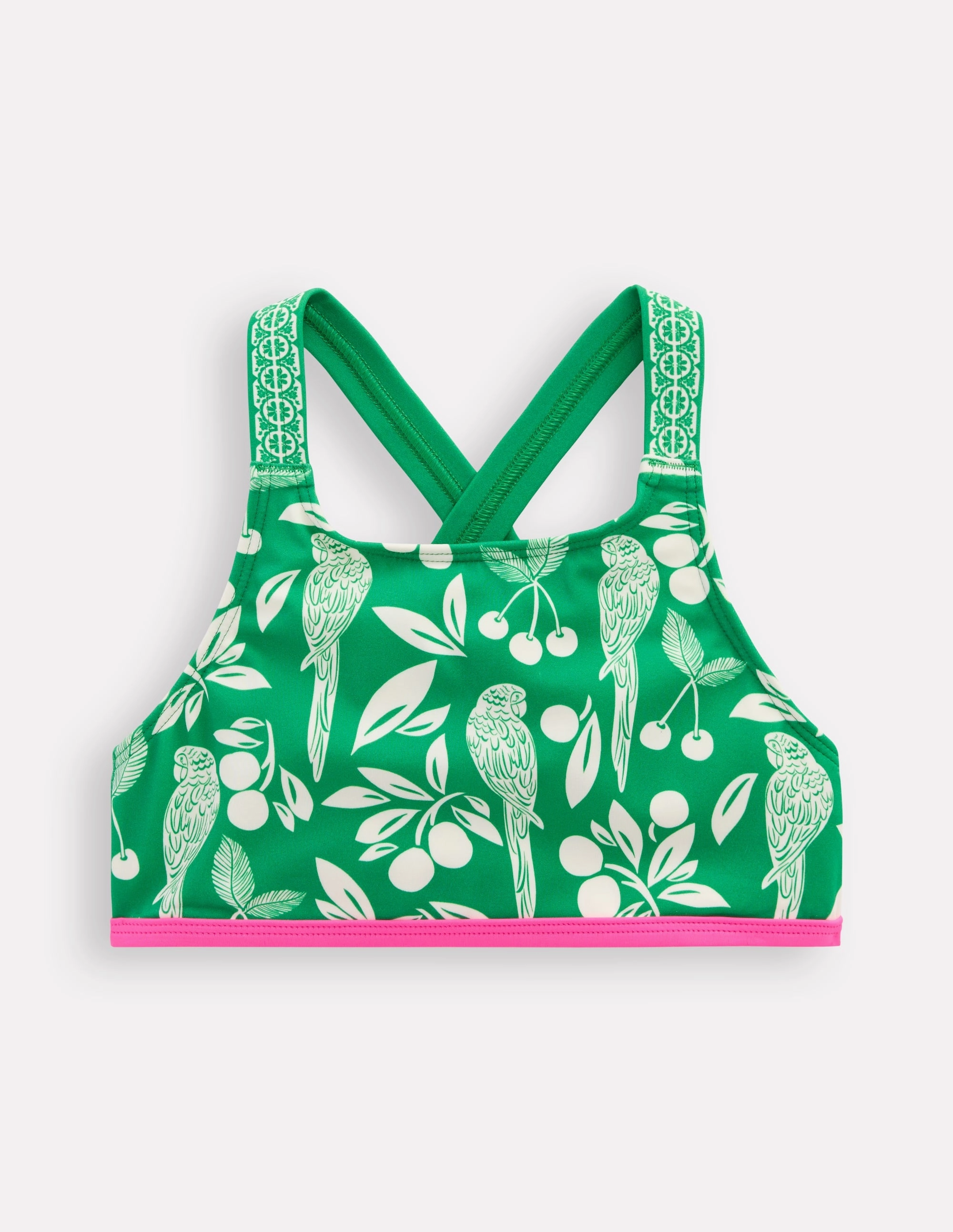 Cross-back Bikini Top-Rich Emerald Parrot Palm High Density Polyester
