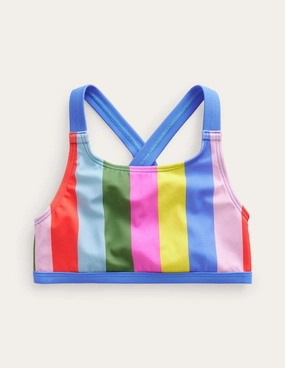 Non Abrasive Zipper Pool Attire Cross Back Bikini Top-Soft Multi Stripe