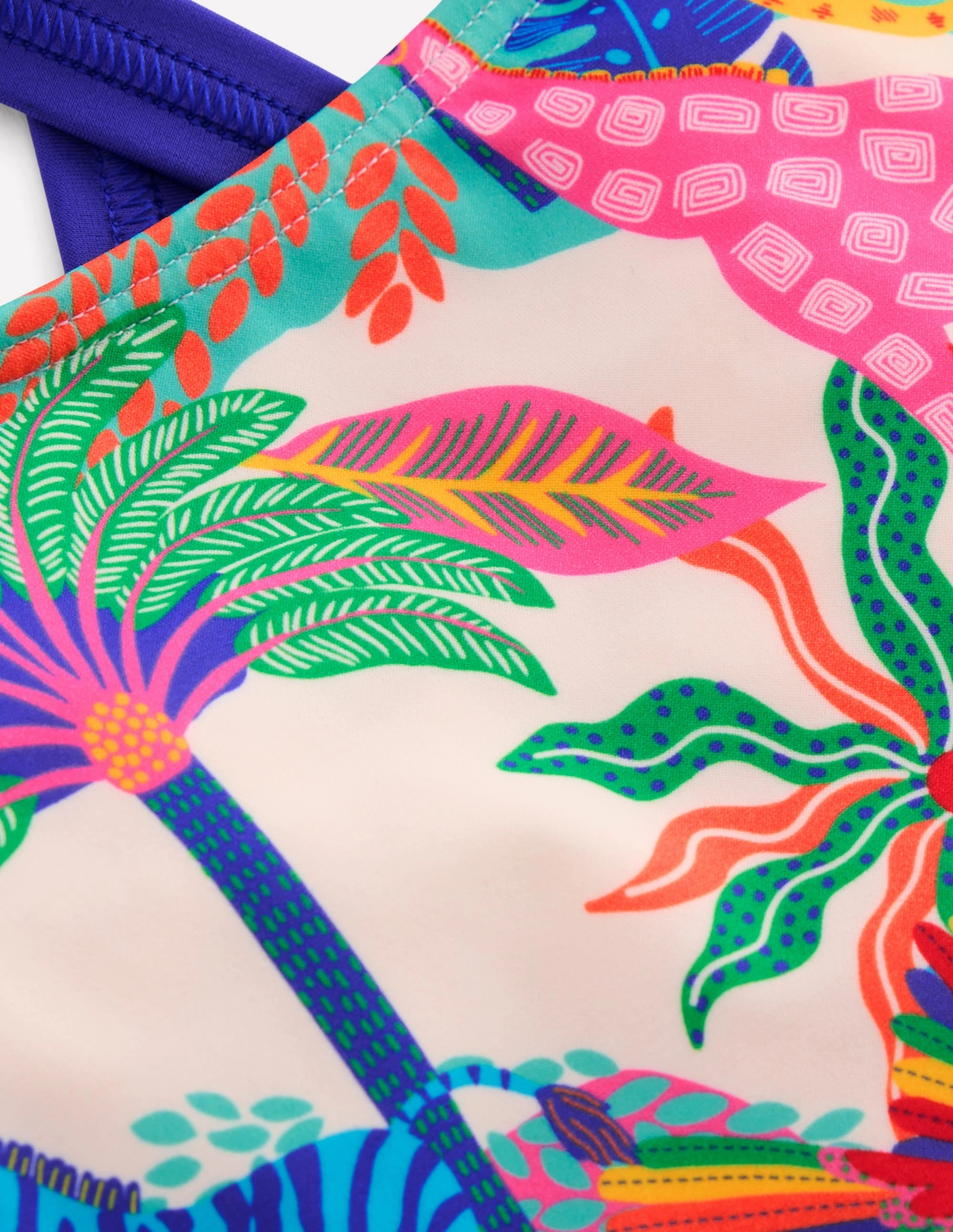 Cross-back Printed Swimsuit-Soft Ivory Multi Jungle Anti Chafing Seams Quick Dry Fabric
